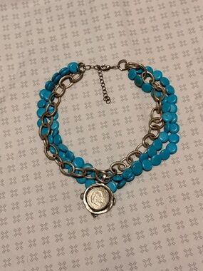Turquoise Bead Multi-Row Bracelet with Coin Charm - Unbranded